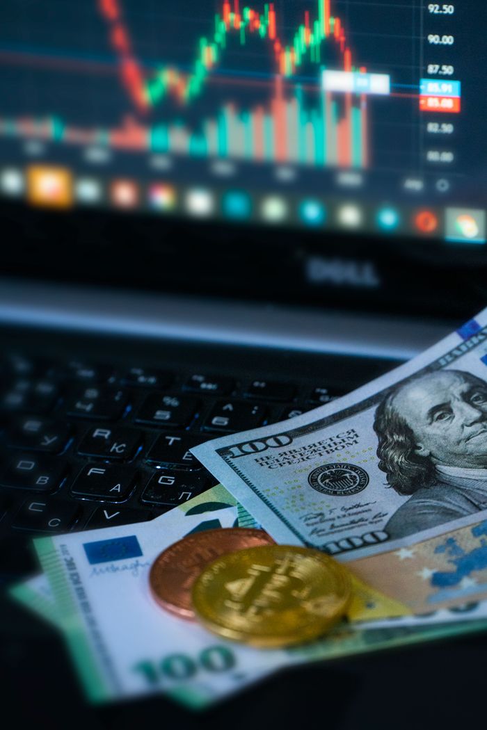 gallery-1 Golden bitcoins and various banknotes in front of a financial chart on a laptop.